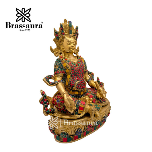 Brassaura™ Brass Gem Stone Work Kuber Idol – Height 12.4 Inches & Weight 5 Kgs | Vedic Home Altar Décor