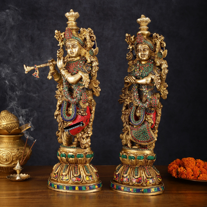 Brassaura™ Brass Radha Krishna Statue Pair – Height 21 Inches & Weight 18 Kgs | Handcrafted Devotional Idol