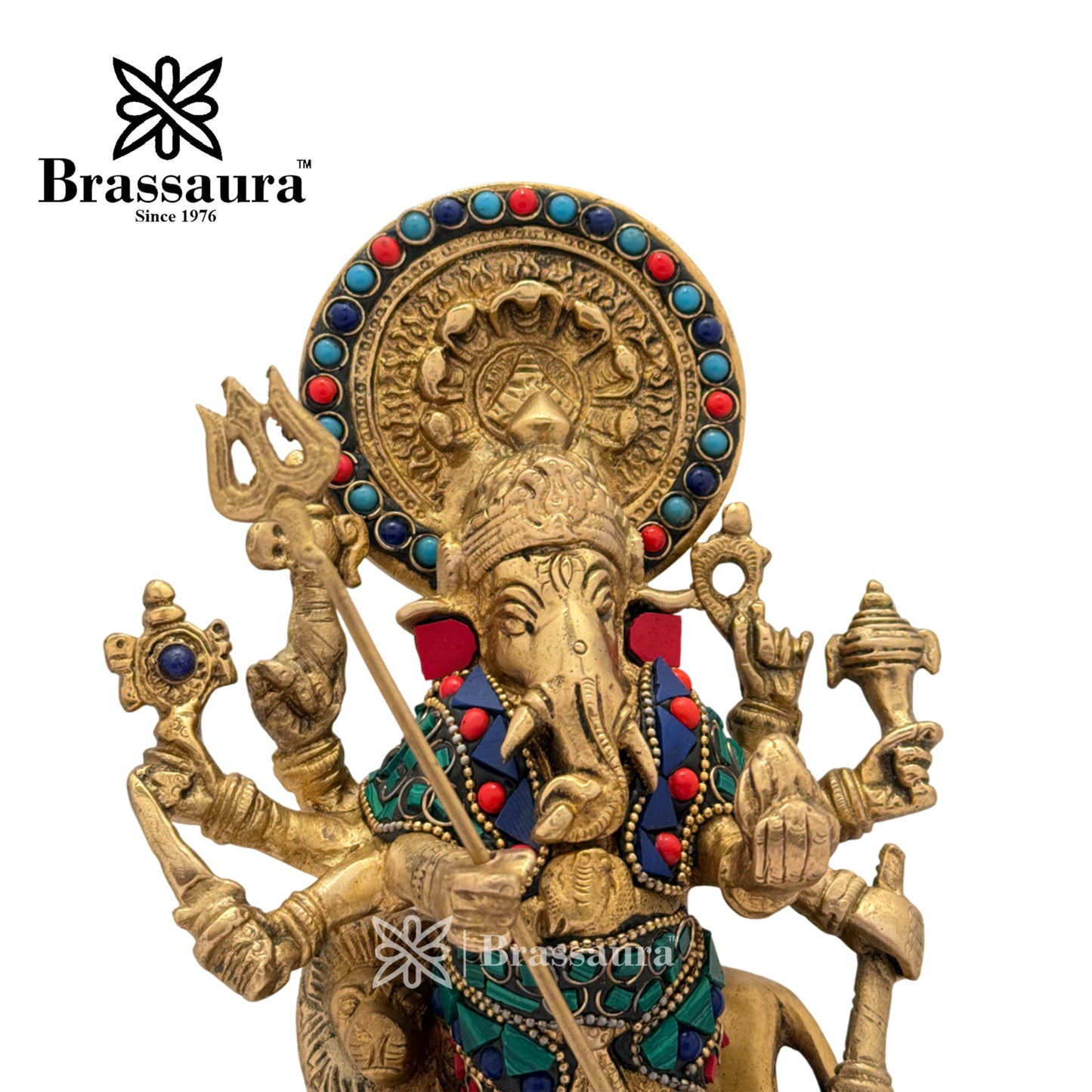 Brass Gem Stone Work Ganesha and Lion Idol for Home and Decor Weight 2.3 Kg Height 23 cm