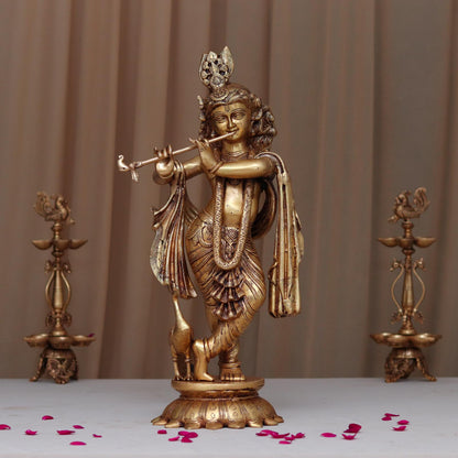 BRASS LORD KRISHNA PLAYING FLUTE HEIGHT 27 INCHES