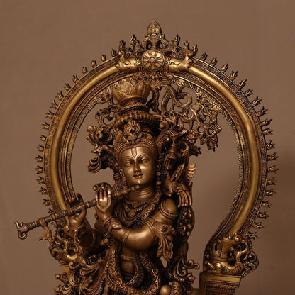 ANTIQUE LARGE SIZE BRASS KRISHNA IDOL PLAYING FLUTE (32")