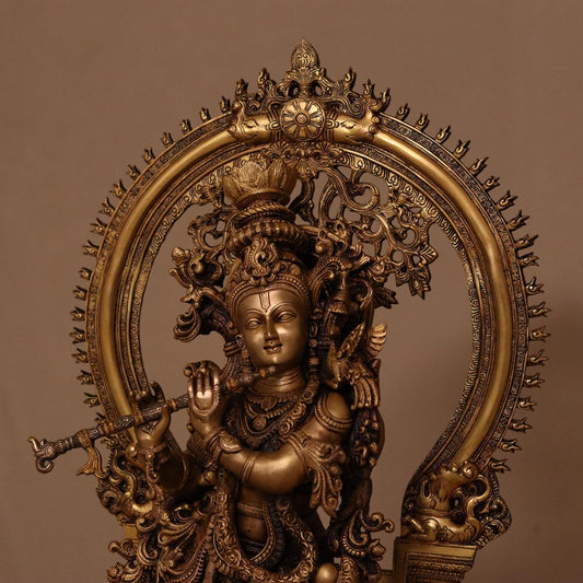 ANTIQUE LARGE SIZE BRASS KRISHNA IDOL PLAYING FLUTE (32")