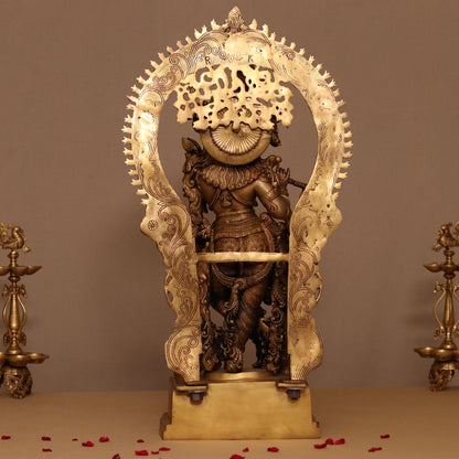 ANTIQUE LARGE SIZE BRASS KRISHNA IDOL PLAYING FLUTE (32")