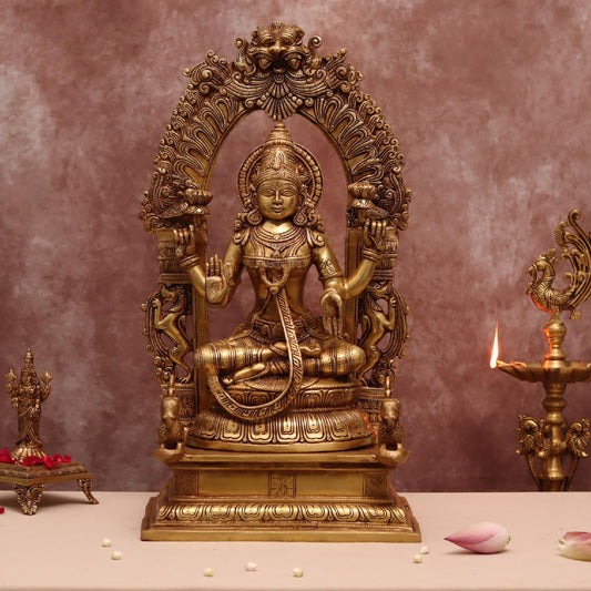 LARGE SIZE BRASS GODDESS LAXMI IDOL SITTING ON A THRONE