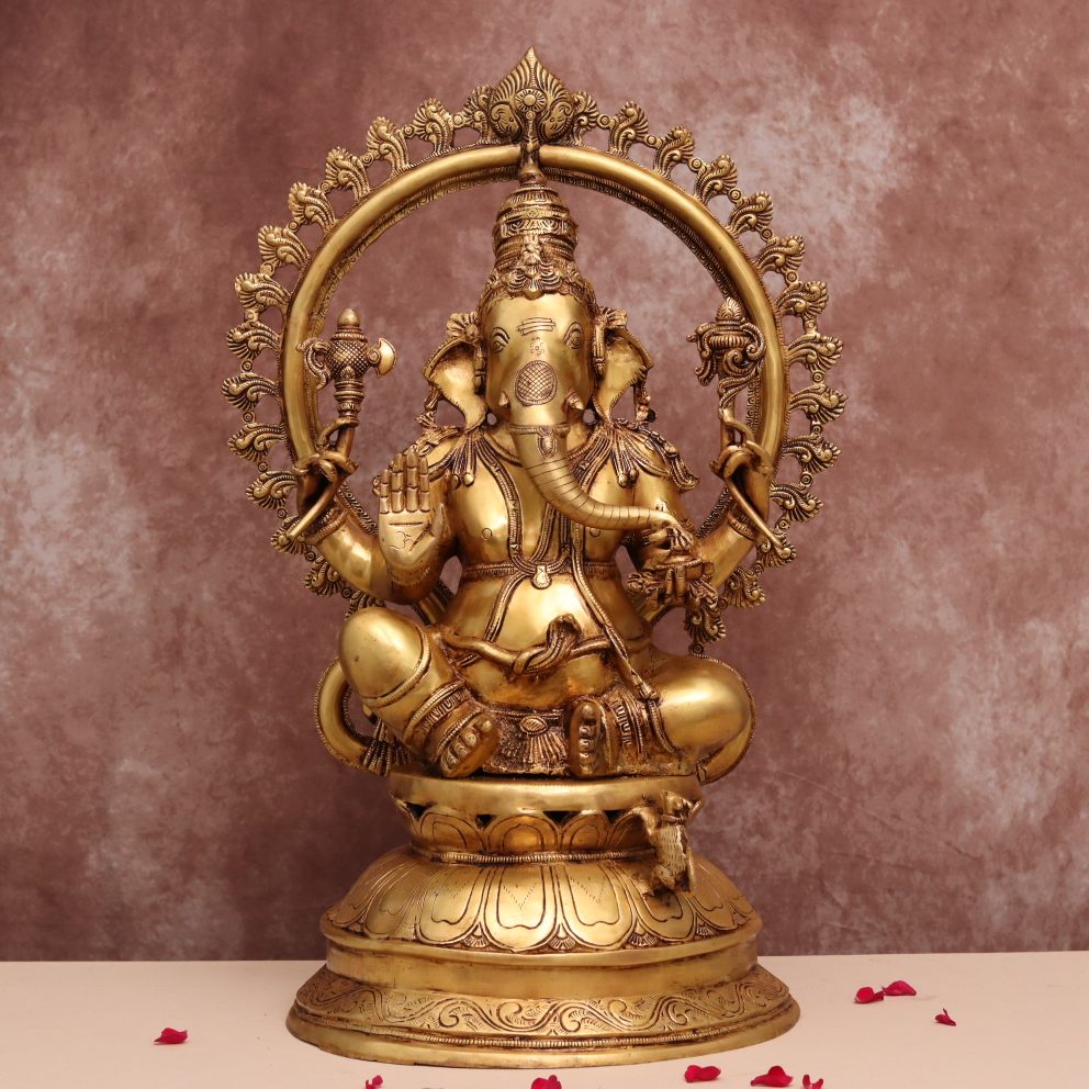 LARGE BRASS GANESHA IDOL WITH FRAME ( 27 INCHES )