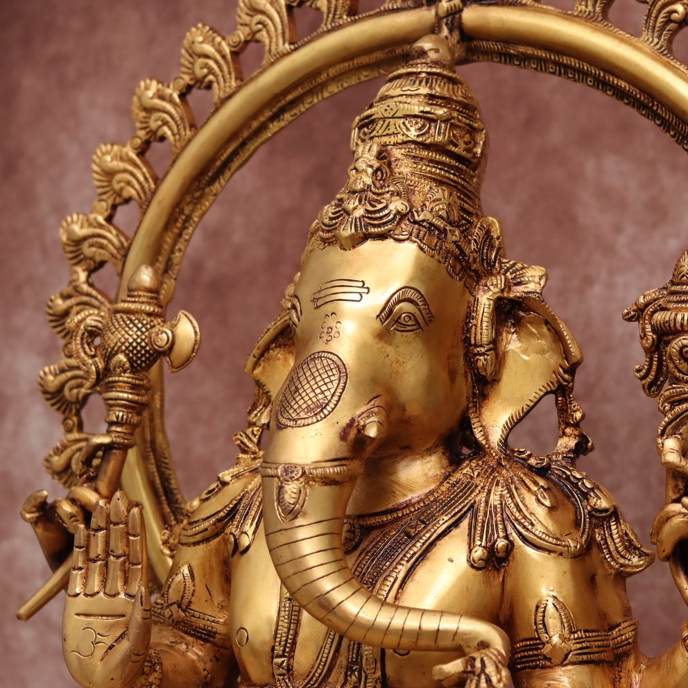 LARGE BRASS GANESHA IDOL WITH FRAME ( 27 INCHES )