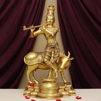 BRASS LORD KRISHNA PLAYING FLUTE WITH COW IDOL 24 INCHES