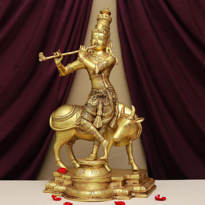 BRASS LORD KRISHNA PLAYING FLUTE WITH COW IDOL 24 INCHES