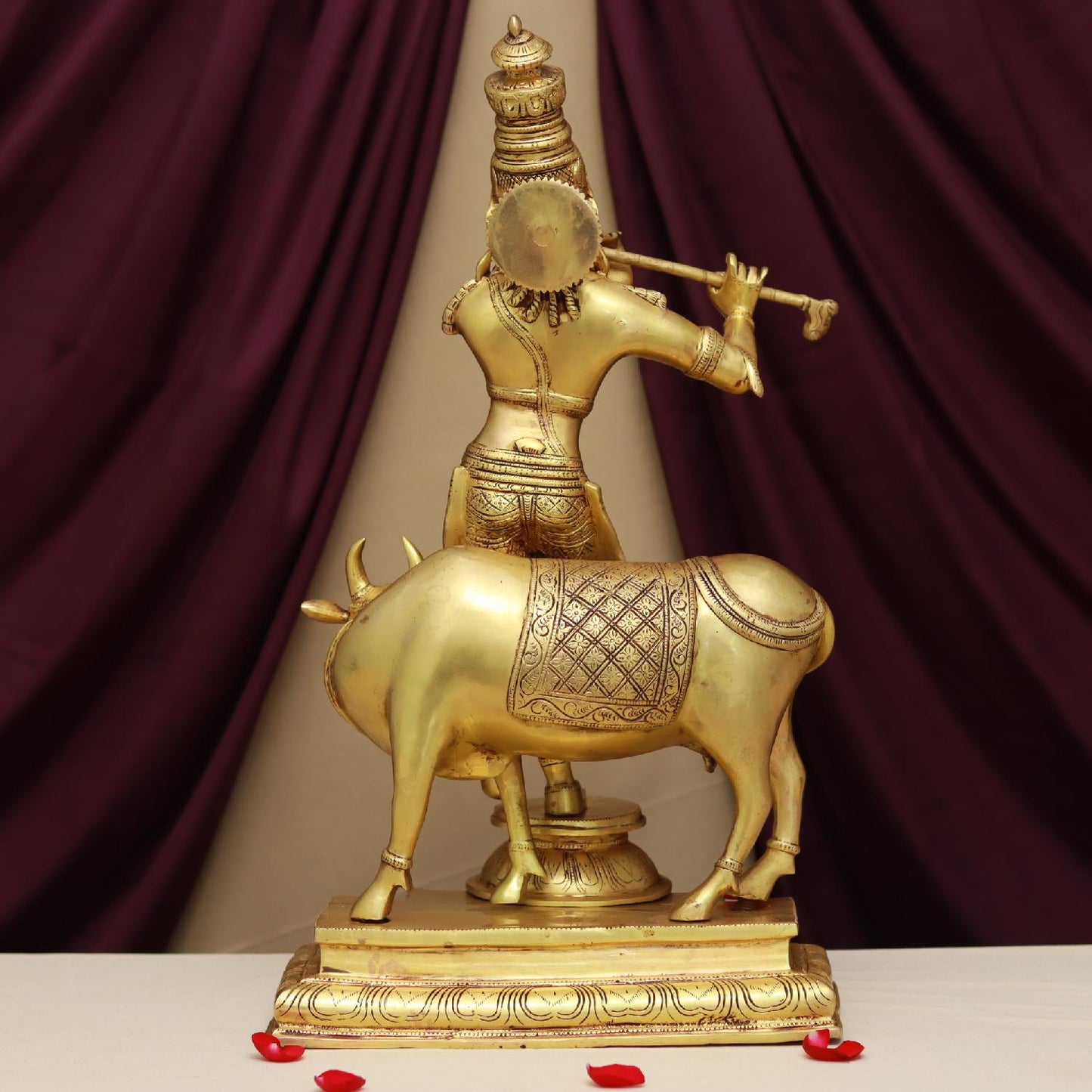 BRASS LORD KRISHNA PLAYING FLUTE WITH COW IDOL 24 INCHES