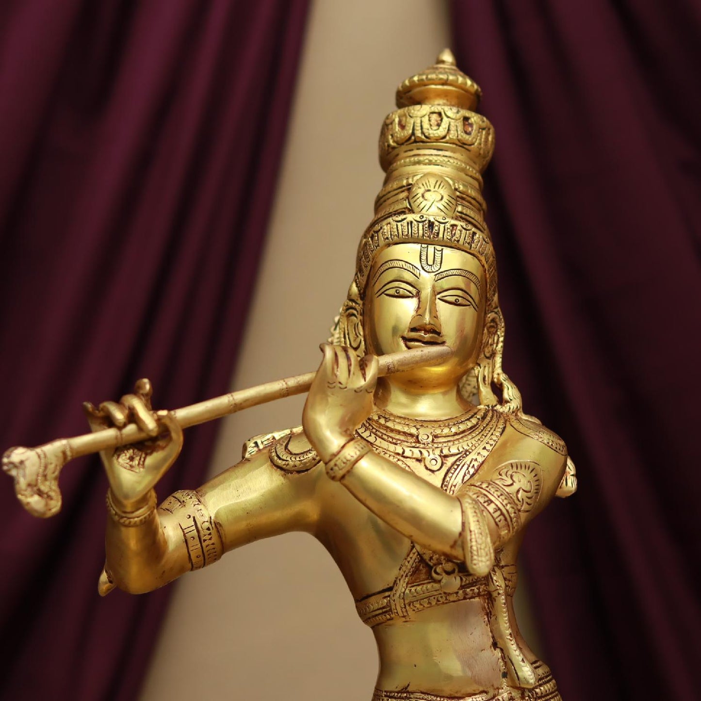 BRASS LORD KRISHNA PLAYING FLUTE WITH COW IDOL 24 INCHES