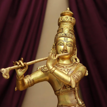 BRASS LORD KRISHNA PLAYING FLUTE WITH COW IDOL 24 INCHES