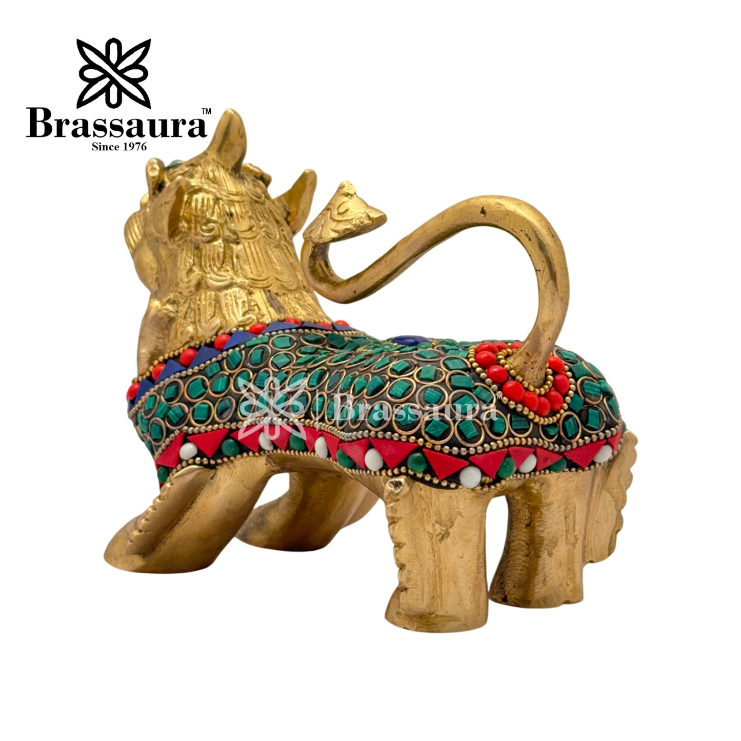 Brass Gem Stone Work Chinese Lion Idol for Home and Decor Weight 2 Kg Height 12 cm