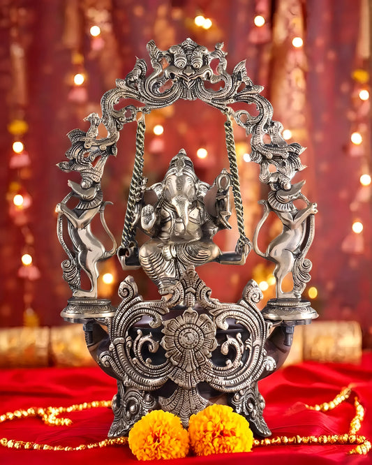 Brassaura™ Lord Ganesha on Swing Brass Urli – 9 kgs, 20 Inches Height – Auspicious Home Decor & Gifting Piece