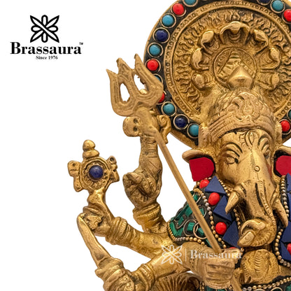 Brass Gem Stone Work Ganesha and Lion Idol for Home and Decor Weight 2.3 Kg Height 23 cm