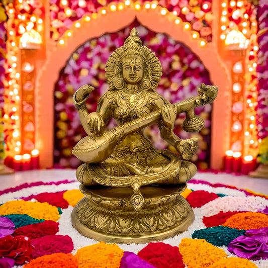 Brassaura™ Brass Saraswati Idol – Height 10.8 Inches & Weight 4 Kgs | Traditional Hindu Murti