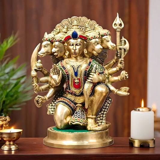 Brassaura™ Brass Panchmukhi Hanuman Idol – Height 11 Inches & Weight 6.6 Kgs | Handcrafted with Natural Stones