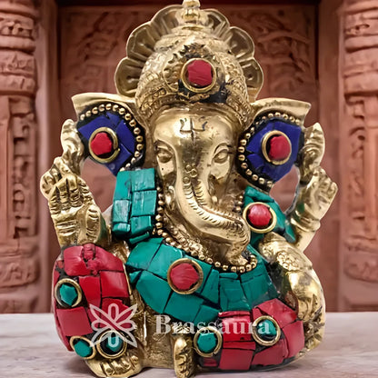 Brassaura™ Brass Gem Stone Work Ganesha Statue for Home Décor & Gift | Weight 0.45 Kg | Height 2.5 Inches