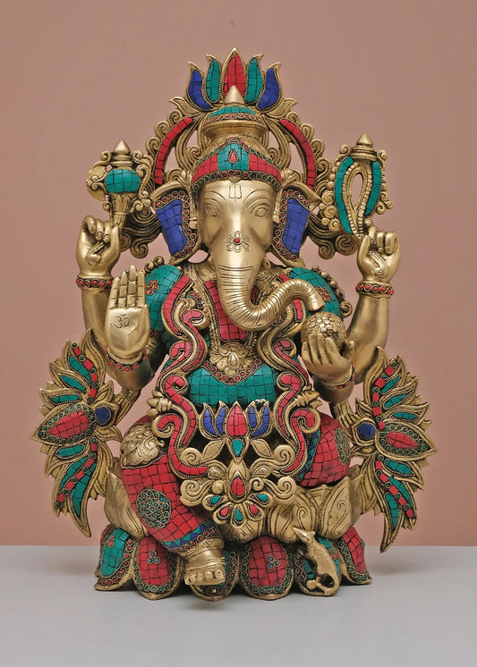 Brassaura® Lord Ganesha with Intricate Inlay Work | Brass with Stone Detailing | Height 21 Inches & Weight 24 kgs