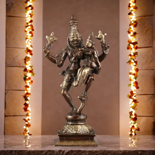 Brassaura™ Pure Brass Lord Narasimha with Goddess Lakshmi Idol – 12 Inch Height, 3 kg Weight | Handcrafted Hindu Statue for Home & Temple