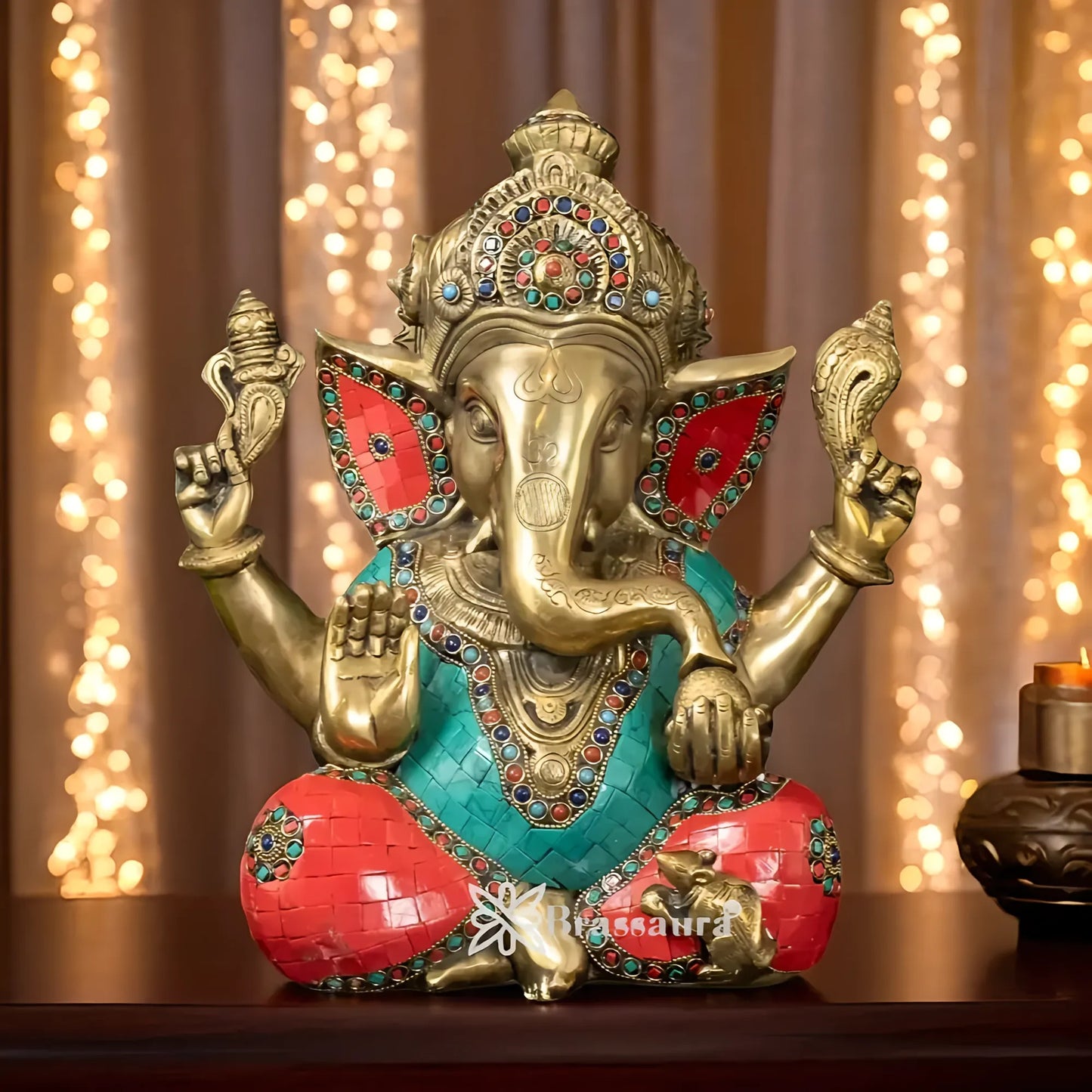 Brassaura™ Brass Gem Stone Work Ganesha Idol | Height 12 Inches & Weight 9.1 Kgs