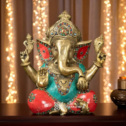 Brassaura™ Brass Gem Stone Work Ganesha Idol | Height 12 Inches & Weight 9.1 Kgs