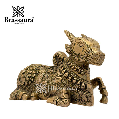 Brass Black Patina Work Nandhi Cow Idol for Home and Decor Weight 1.8 Kg Height 12 cm