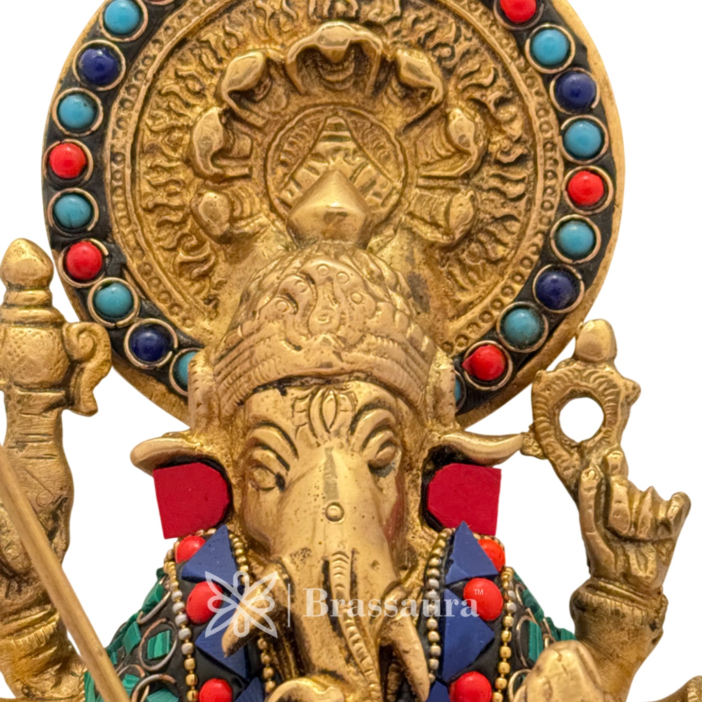 Brass Gem Stone Work Ganesha and Lion Idol for Home and Decor Weight 2.3 Kg Height 23 cm