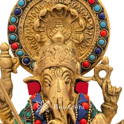 Brass Gem Stone Work Ganesha and Lion Idol for Home and Decor Weight 2.3 Kg Height 23 cm