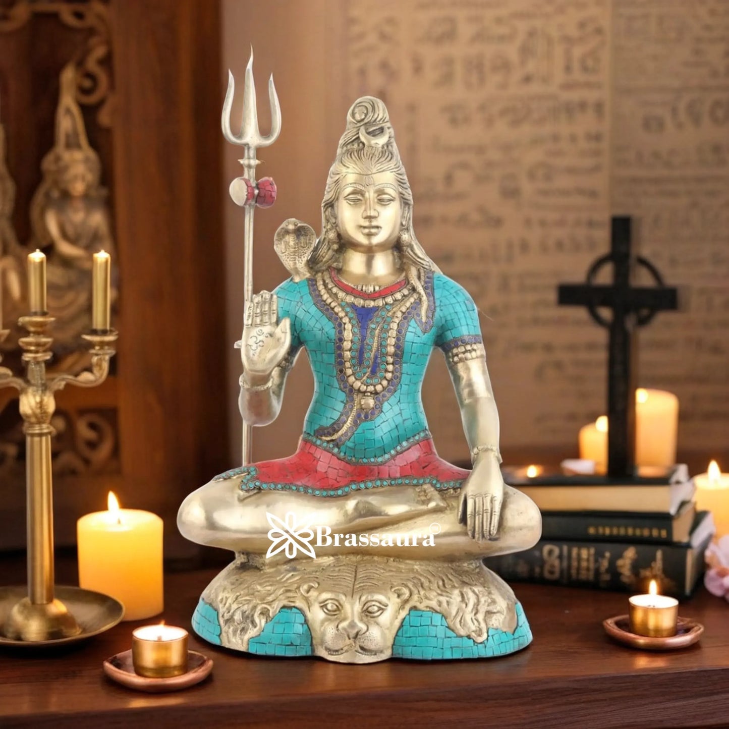 Brassaura™ Brass Gem Stone Work Lord Shiva Murti – Height 24 Inches & Weight 17.5 Kgs | Devotional Home Décor