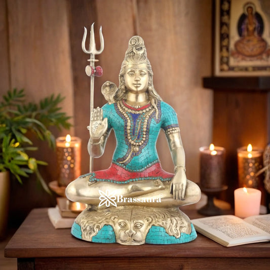 Brassaura™ Brass Gem Stone Work Lord Shiva Murti – Height 24 Inches & Weight 17.5 Kgs | Devotional Home Décor