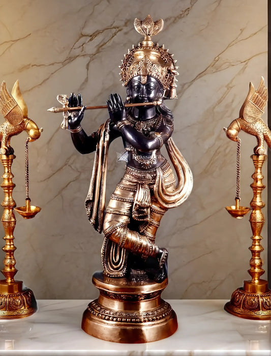 Brassaura™ Large Lord Krishna Brass Statue – Height 36" | Weight 22 Kgs | Black & Golden Finish