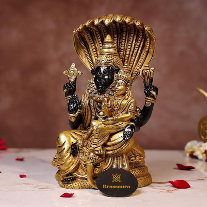 Brassaura® Laxmi Narasimha Sitting Idol with Black Colour Finish | Pure Superfine Brass Handcrafted Murti | Brass Statue for Home Temple, Pooja Room | Height 11.5 Inches | Weight 7.2 Kgs