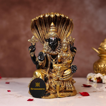 Brassaura® Laxmi Narasimha Sitting Idol with Black Colour Finish | Pure Superfine Brass Handcrafted Murti | Brass Statue for Home Temple, Pooja Room | Height 11.5 Inches | Weight 7.2 Kgs