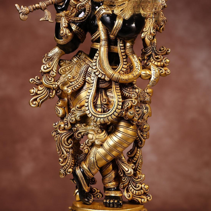 Brassaura® Krishna Standing Playing Flute Idol with Black Colour Finish | Pure Superfine Brass Handcrafted Murti | Brass Statue for Home Temple, Pooja Room | Height 29.5 Inches | Weight 21 Kgs