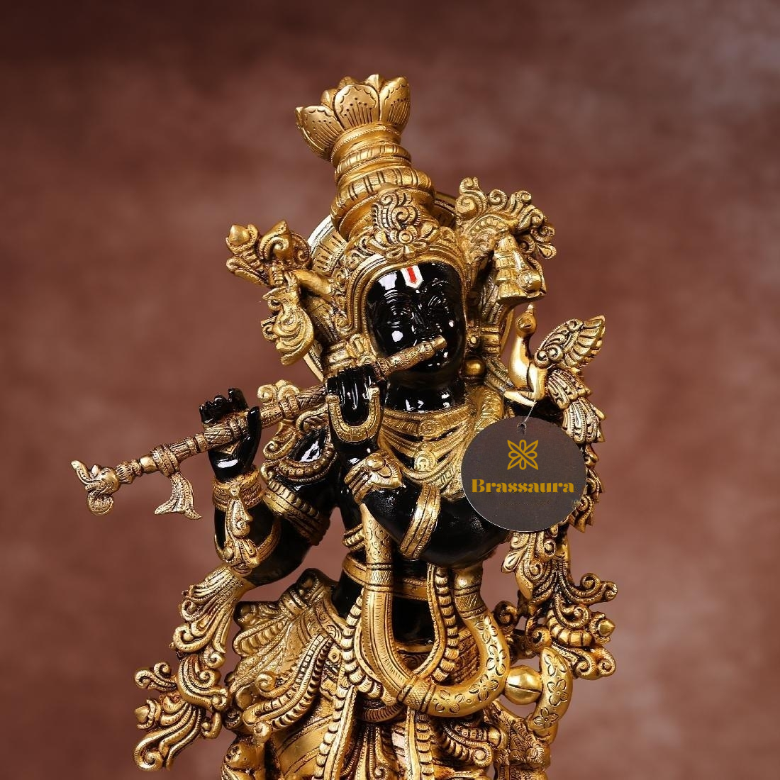 Brassaura® Krishna Standing Playing Flute Idol with Black Colour Finish | Pure Superfine Brass Handcrafted Murti | Brass Statue for Home Temple, Pooja Room | Height 29.5 Inches | Weight 21 Kgs