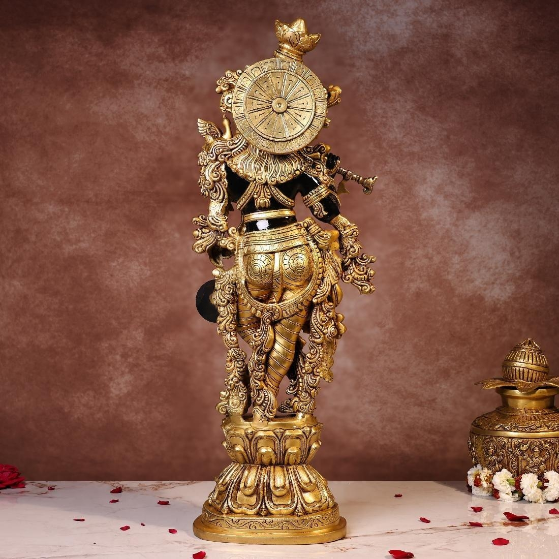 Brassaura® Krishna Standing Playing Flute Idol with Black Colour Finish | Pure Superfine Brass Handcrafted Murti | Brass Statue for Home Temple, Pooja Room | Height 29.5 Inches | Weight 21 Kgs