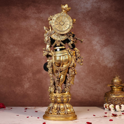 Brassaura® Krishna Standing Playing Flute Idol with Black Colour Finish | Pure Superfine Brass Handcrafted Murti | Brass Statue for Home Temple, Pooja Room | Height 29.5 Inches | Weight 21 Kgs