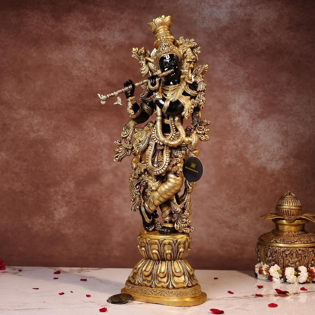 Brassaura® Krishna Standing Playing Flute Idol with Black Colour Finish | Pure Superfine Brass Handcrafted Murti | Brass Statue for Home Temple, Pooja Room | Height 29.5 Inches | Weight 21 Kgs