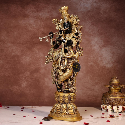 Brassaura® Krishna Standing Playing Flute Idol with Black Colour Finish | Pure Superfine Brass Handcrafted Murti | Brass Statue for Home Temple, Pooja Room | Height 29.5 Inches | Weight 21 Kgs