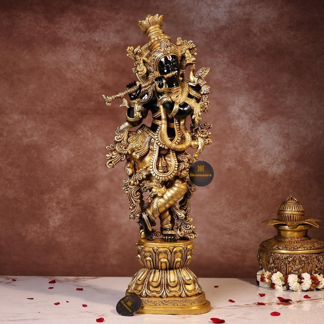 Brassaura® Krishna Standing Playing Flute Idol with Black Colour Finish | Pure Superfine Brass Handcrafted Murti | Brass Statue for Home Temple, Pooja Room | Height 29.5 Inches | Weight 21 Kgs