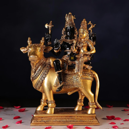 Brassaura® Shiva Parvati Riding Nandi Idol with Black Colour Finish | Pure Superfine Brass Handcrafted Murti | Brass Statue for Home Temple, Pooja Room | Height 15.7 Inches | Weight 12.3 Kgs