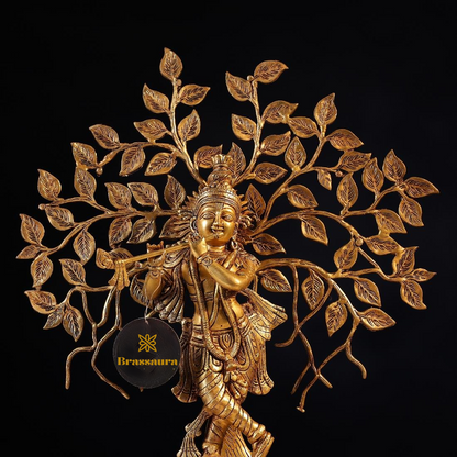 Brassaura® Krishna Playing Flute with Tree Idol with Polished Finish | Pure Superfine Brass Handcrafted Murti | Brass Statue for Home Temple, Pooja Room | Height 21 Inches | Weight 6.7 Kgs