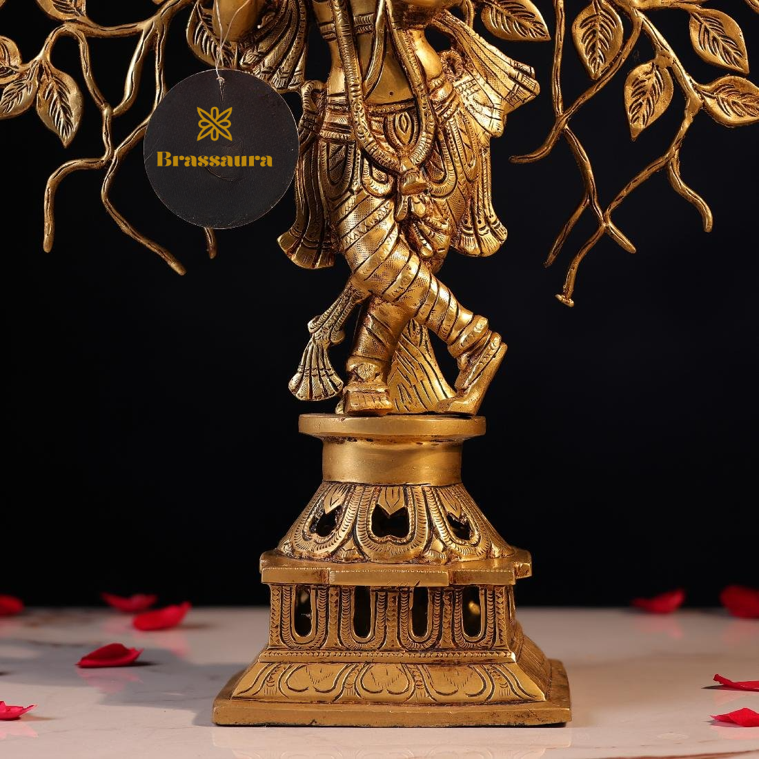 Brassaura® Krishna Playing Flute with Tree Idol with Polished Finish | Pure Superfine Brass Handcrafted Murti | Brass Statue for Home Temple, Pooja Room | Height 21 Inches | Weight 6.7 Kgs