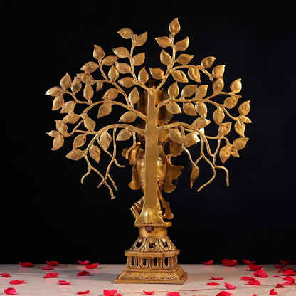 Brassaura® Krishna Playing Flute with Tree Idol with Polished Finish | Pure Superfine Brass Handcrafted Murti | Brass Statue for Home Temple, Pooja Room | Height 21 Inches | Weight 6.7 Kgs