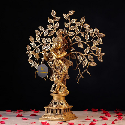 Brassaura® Krishna Playing Flute with Tree Idol with Polished Finish | Pure Superfine Brass Handcrafted Murti | Brass Statue for Home Temple, Pooja Room | Height 21 Inches | Weight 6.7 Kgs