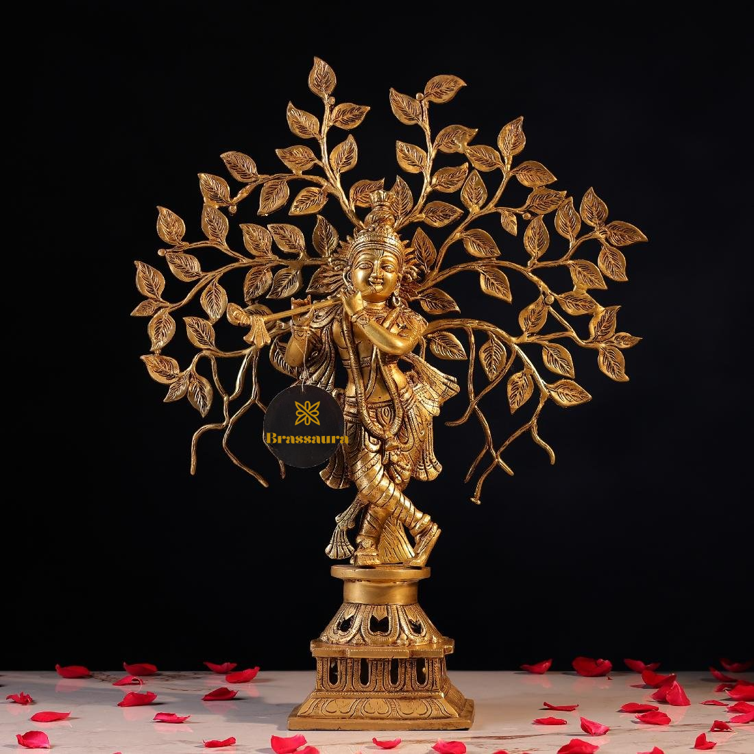 Brassaura® Krishna Playing Flute with Tree Idol with Polished Finish | Pure Superfine Brass Handcrafted Murti | Brass Statue for Home Temple, Pooja Room | Height 21 Inches | Weight 6.7 Kgs