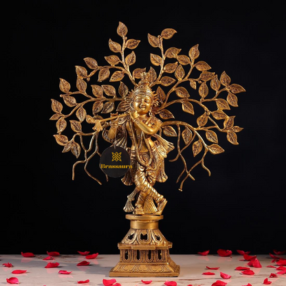 Brassaura® Krishna Playing Flute with Tree Idol with Polished Finish | Pure Superfine Brass Handcrafted Murti | Brass Statue for Home Temple, Pooja Room | Height 21 Inches | Weight 6.7 Kgs