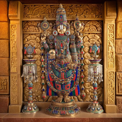 Brassaura™ Brass Lord Venkateshwara Statue with Meenakari Stonework & Deepak Set – 48 Inches, 49 Kgs Idol + 30 Inches, 20 Kgs Deepaks