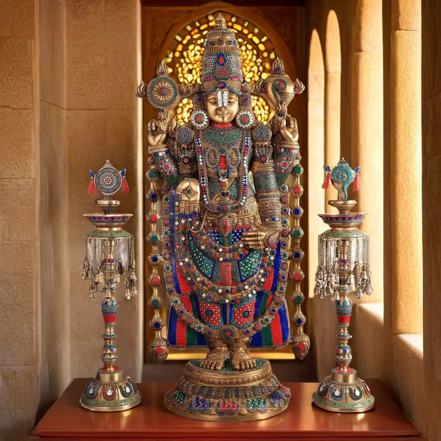 Brassaura™ Brass Lord Venkateshwara Statue with Meenakari Stonework & Deepak Set – 48 Inches, 49 Kgs Idol + 30 Inches, 20 Kgs Deepaks
