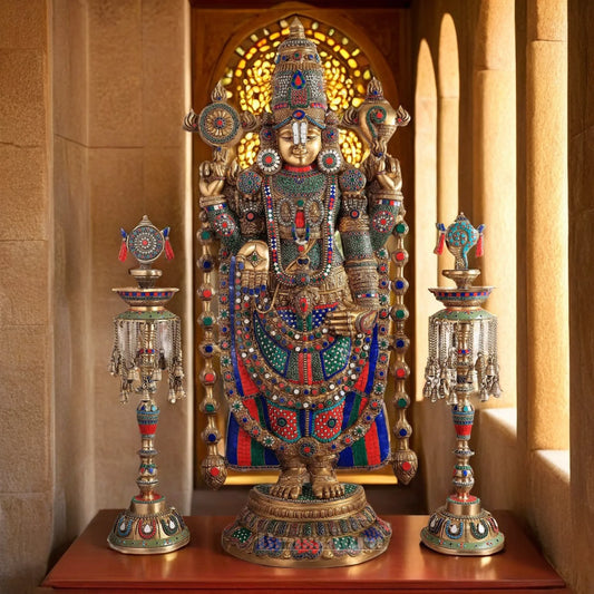 Brassaura™ Brass Lord Venkateshwara Statue with Meenakari Stonework & Deepak Set – 48 Inches, 49 Kgs Idol + 30 Inches, 20 Kgs Deepaks